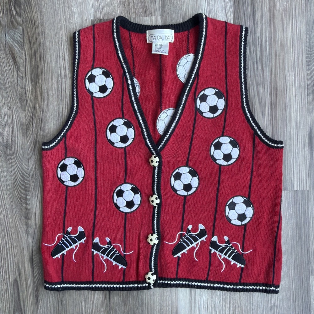 Vintage 90s Mandal Bay Womens Sweater Vest XL Red Soccer Sports Mom Grandma‎
